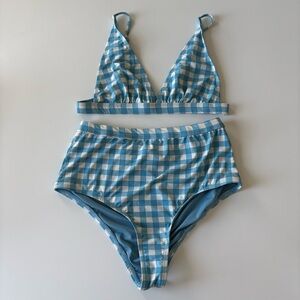 Ris-K Blue Gingham Plaid High-Waist Bikini Set